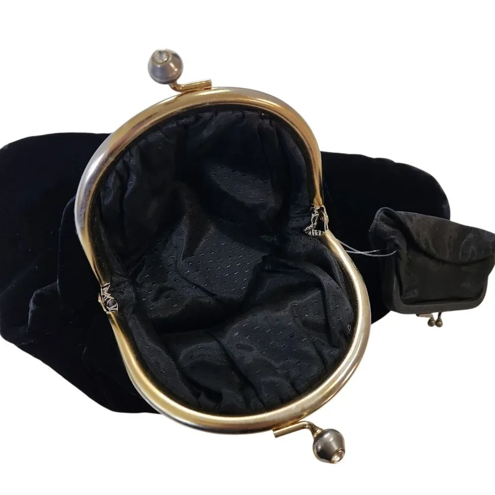 Vintage Black Velvet Fold Over Clutch Evening Bag Rhinestone Clip Frame Retro